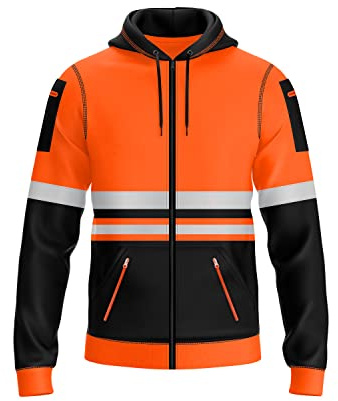 trending babz Mens Hi Vis Pullover Hoodie Reflective Tape Safety Work Drawstring Multi Zipped Pockets High Viz High Visibility Hoodie Sweatshirt (UK, Alpha, XXL, Regular, Regular, Orange Black 15)