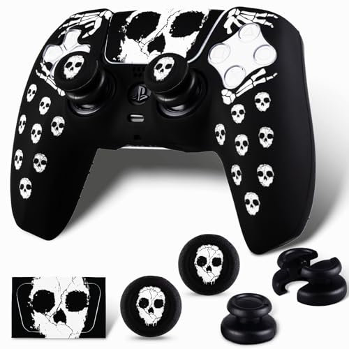 PlayRealm Silicone Skin Cover& Sticler x 1 & No Falling off Thumbstick x 2 for PS5 Controller (Ghost White)