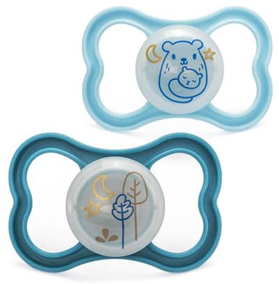 MAM Air Night Soothers | 6-18 Months | 2 Pack | Glow in The Dark Dummies | Comes in Dummy Steriliser Case | Baby Accessories | Blue (Various Designs)