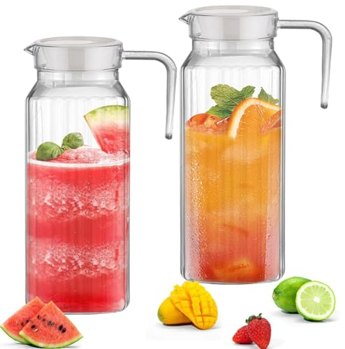 ADERTOS 2 Stücke Wasserkrug 1.1L Wasserkaraffe Plastik Krug mit Deckel Transparente Wasser Krug Kunststoff Eistee Krug mit Griff Plastik Getränkekaraffe Tee Karaffe für Wein Kaltes Heißes Wasser