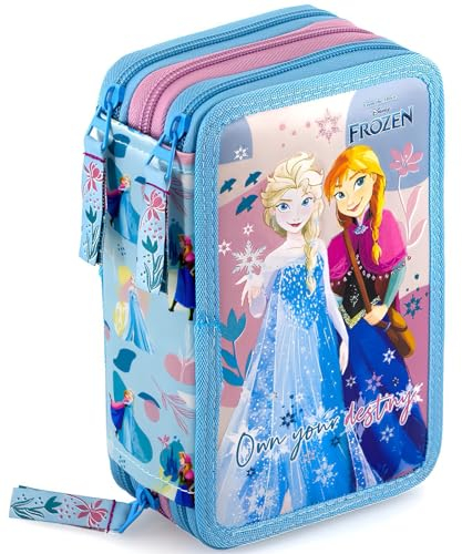 Clondo Mädchen 3-Fach Federmäppchen für Die Eiskönigin Frozen Fan – 45-teilig, komplett gefüllt – mit 2 löschbaren Gelstiften, Schere, Kleber, Buntstiften – Blau – ideal für Schule & als Geschenk