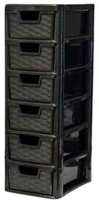 Khanary Plastic 6 Tier Storage Drawers Unit Small Tower Storage Unit Homes, Kitchen, Schools, Offices Plastic Drawer Organizer Desktop Table Top Drawers Stationary 26Dx19Wx60H Rattan Black