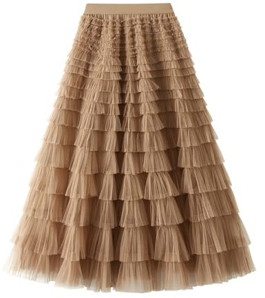 Jemsia Gonna da donna in tulle midi con volant gonna a più livelli elegante elastica a vita alta sottoveste a rete tutù lungo gonne fluide per ballo di fine anno ritorno a casa festa di compleanno,