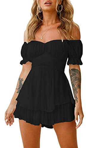 Qianderer Women Boho Romper Dress Off Shoulder Tie Back Flowy Swing Ruffle Dress with Shorts Layered Pirate Jumpsuit Playsuits (Ba Black, M)