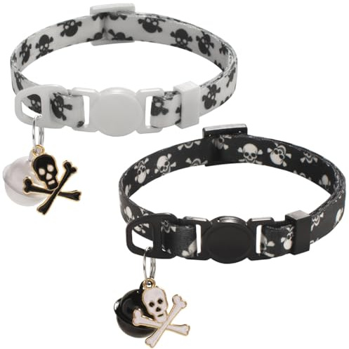Cluos 2 Pack Halloween Cat Collars Quick Release with Bell and Charm Safety Kitten Collars Adjustable 19-30cm (black/white)
