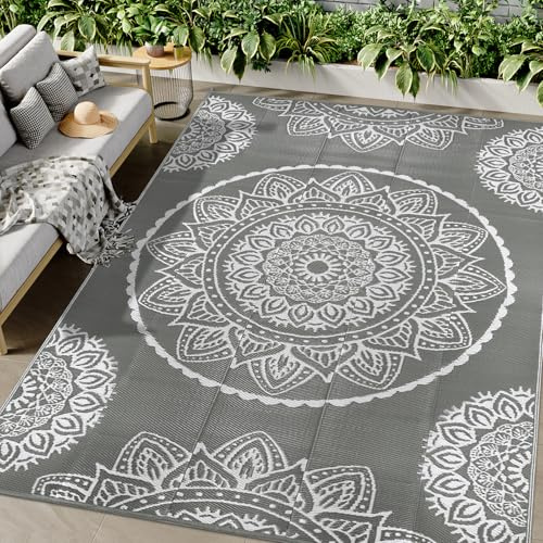 Famibay Utomhusmatta, väderbeständig, 180 x 270 cm, vändbar, campingmatta, utomhus, vattentät, grå, plast, vändbar, lätt, utomhusmatta för terrass, trädgård, balkong, camping, inomhus utomhus