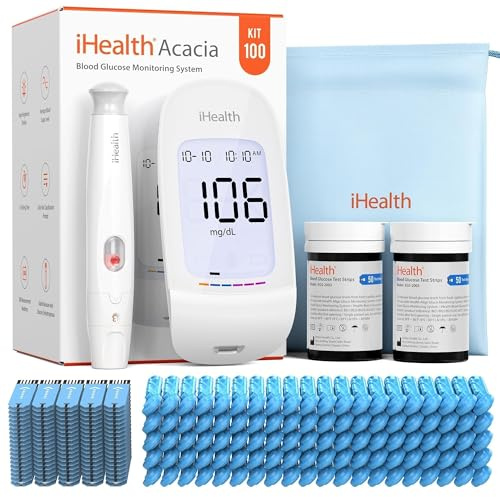 iHealth Acacia Blood Glucose Monitor Kit, 100 Glucometer Strips, 100 Lancets, 1 Blood Sugar Monitor, 1 Lancing Device, 1 Travel Bag, No Coding, Portable Blood Sugar Testing Kit, For People with Diabetes