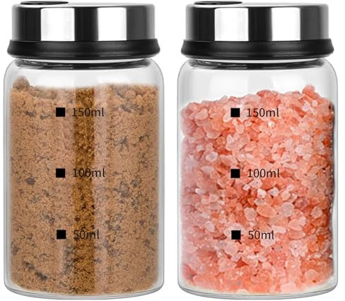 2Pcs 150ml Barattoli Spezie con Coperchi Rotanti e 4 Tipi Fori Contenitori Versare Spezie Regolabili, Portaspezie Sali Vetro Borosilicato, Saliera e Pepiera per Sale, Erbe Cucina ,Grigliate All'aperto