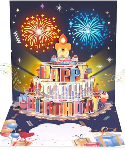 GlasFlength - Tarjeta de cumpleaños 3D, tarjeta de felicitación de cumpleaños con música y luces LED, tarjeta de felicitación de fuegos artificiales 3D, tarjeta Pop Up cum pleaños para niños y mujeres