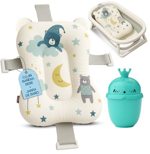 BABYBEBLOO Cojin Bañera Bebe + Jarra de Baño - Adaptador Bañera Bebe Universal - Reductor bañera - Cojín bañera Bebe - Colchoneta Bebé - Hamaca Bañera - Secado Rapido, Suave y Blando