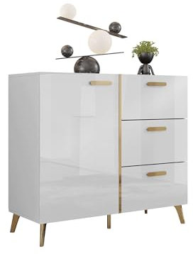 Mirjan24 Kommode Picru 100 1D3SZ, Kombikommode mit 3 Schubladen und Tür, Aufbewahrungsschrank, Mehrzweckschrank für Wohnzimmer, Esszimmer (Weiß/Weiß Hochglanz + Gold)