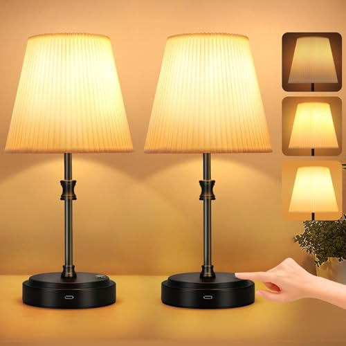 Glowlit Cordless Lamp Dimmable Touch 6000 mAh Battery Table Lamps Set of 2, Rechargeable with Pleated Fabric Shade & E14 LED Bulbs, Wireless for Bedroom, Kitchen, Restaurant, Black Metal