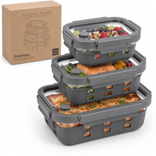 Dalena Home® Meal Prep Contenitori Set 1x640ml, 1x 1050ml, 1x1520ml – Vetro borosilicato, ermetici, impilabili, microonde con valvola vapore, protezione silicone, contenitori vetro per alimenti