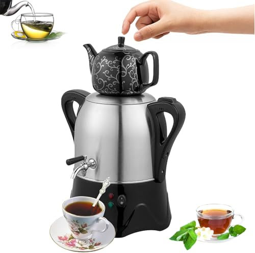 Electric Turkish Tea Maker, 2 Tier Electric Tea Kettle, Electric Turkish Samovar with Keep Warm Function, 3L Stainless Steel Teapot, 1L Ceramic Teapot, for Coffee, Scented Tea, Turkish Tea, Black