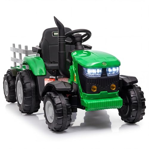 Kids Ride on Tractor with Detachable Trailer, 12V Battery Powered Electric Tractor with Remote Control, Dual Motors, Horn, Music/USB, LED Lights, Ride on Toy Car for Ages 3+ (Green)
