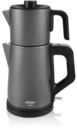 Arzum AR3130 Deminde Teemaschine, Grau, 1800W Elektrischer Teebereiter mit 1,8 Liter Wassertank und 1,2 Liter Glaskanne, Doppelheizsystem und Warmhaltefunktion