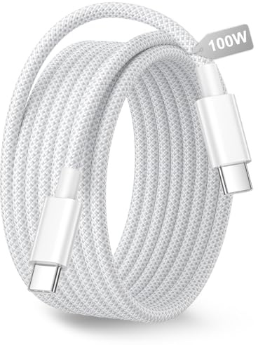 Lång USB-C-laddningskabel, 100 W USB-C-kabel, 3 m USB-C-kabel, snabbladdningskabel av typ C för iPhone 17/17 Air/17 Pro/17 Pro Max/16/15, Samsung S25/S24, iPad Pro/Air | 3 m vit nylon USB-C-kabel, 100 W PD-snabbladdning, kompatibel med iPhone 17/16/15, MacBook, iPad Pro, Galaxy S25/S24, Pixel.