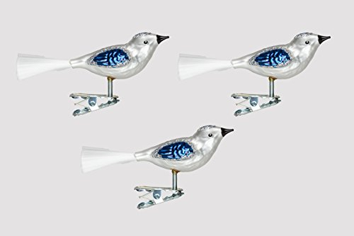 Glas Vogel Set 3 Stück Silber/Blau H Christbaumschmuck mundgelasen Lauscha
