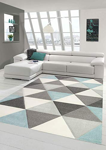 Merinos Teppich Wohnzimmer Teppich Design mit Dreieck Muster in Blau Grau Creme Größe 120x170 cm