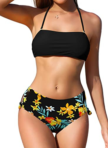 SHEKINI Femme Maillots de Bain Deux Pièces Rembourré Bandeau Halter Réglable Bikini Top Bikini Femme 2 pièces Triangle Contrôle Abdominal Bas de Bikini(S, Noir Y)