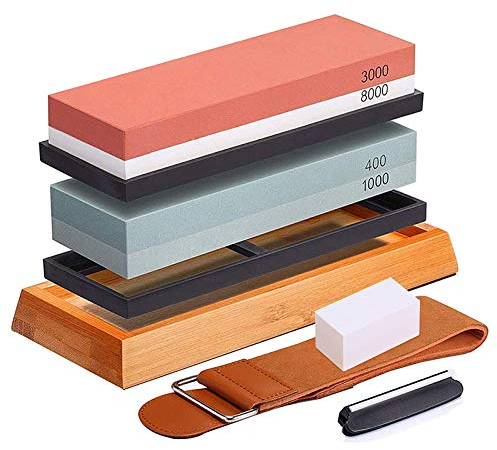 Emsmil Pietre per Affilare Kit 400/1000 3000/8000 Affilacoltelli ad Acqua Whetstone da Cucina Professionale con Base in Silicone Antiscivolo Pietra Appiattita Coramella in Pelle e Guida all'Angolo