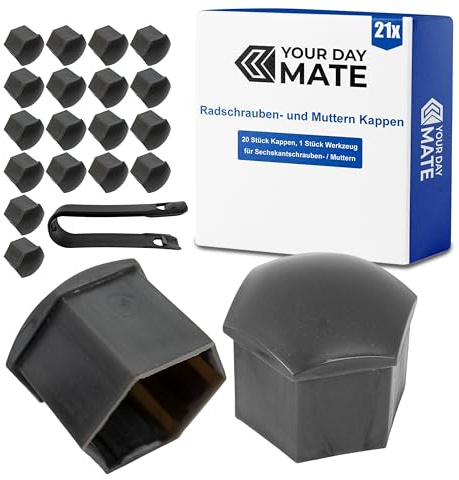 Copri bulloni ruota Ø 21 mm universali, grigio, per tutte le marche di auto, 20 pz tappi copri dado in plastica Ø 2,1 cm con attrezzo di rimozione, Copertura di protezione testa della vite pneumatici