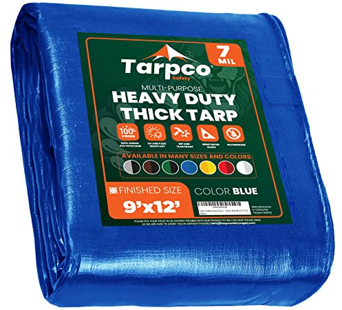 Tarpco Safety - Tarpaulin Waterproof Heavy Duty(130 g/m²|9′ X 12′ | 2.75m X 3.65m|Blue-7 Mil) UV Resistant, Tear Proof, Protective Poly Tarpaulin with Reinforced Edges for Multi-purpose usage