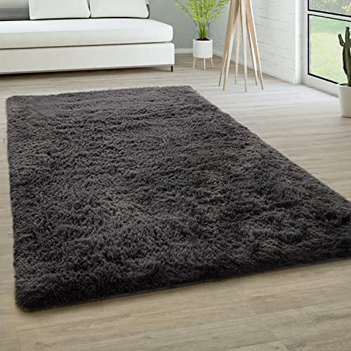 Paco Home Hochflor Teppich Wohnzimmer rutschfest Fellteppich Shaggy Flauschig Weich Modern Kunstfell Fell Imitat Einfarbig, Grösse:160x220 cm, Farbe:Anthrazit