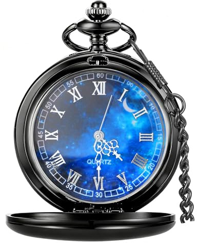 Tiong Black Pocket Watch Smooth Steel Blue Starry Design Roman Numerals Quartz Pocket Watch with Chain Father Day Birthday Gift