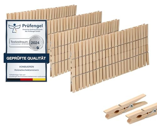 200 x Wäscheklammern Holz groß VonBueren | Holzklammern aus nachhaltigem unbehandeltem Birkenholz | Holzwäscheklammern auch zum Basteln