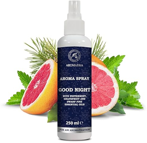 Aromaspray Gute Nacht 250 ml - Aromatherapie Raumspray - Ätherisches Öl aus Pfefferminze, Grapefruit und Latschenkiefer - Natürlicher Raumduft - Kissenspray - Wäschespray - Lufterfriescher