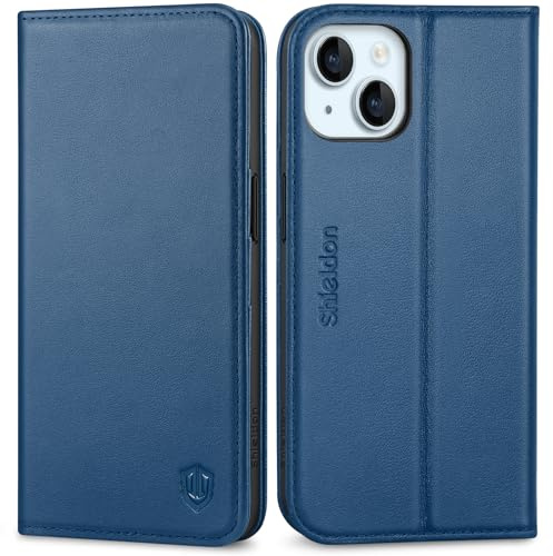 SHIELDON Case for iPhone 15 2023, Genuine Leather Wallet Foldable Case with Kickstand RFID Blocking Card Holder Magnetic Closure Shock-Absorbent Cover Compatible with iPhone 15 6.1 - Royal Blue