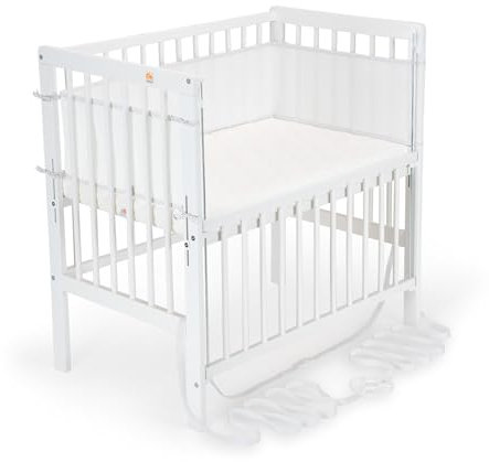 FabiMax Baby Beistellbett Flex mit innovativem Seitengitter für Boxspringbett, inkl. Matratze und Nestchen aus Netzstoff, Buche massiv weiß, Air/weiß mit Punkteband