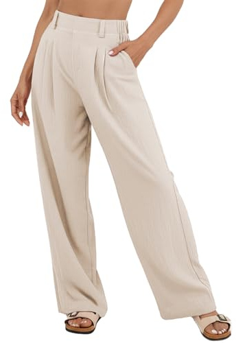 SotRong Womens Wide Leg Linen Trousers Ladies Casual Leisure Loose Comfy Trousers High Waisted Plicated Flowy Solid Palazzo Summer Lightweight Breathable Cotton Pants with Side Pocket Khaki 2XL