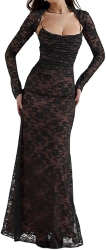Large Size Two Piece Set: High Waisted Shawl and Floral Soft Mesh Evening Dress, Drawstring Lace, Black, L