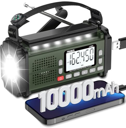 PRUNUS Radio solaire à manivelle 924 10 000 mAh/37 000 mWh, piles AAA, radio météo AM/FM/SW, chargement USB, lampe de poche et lampe de lecture, alarme SOS, banque d'alimentation, boussole pour
