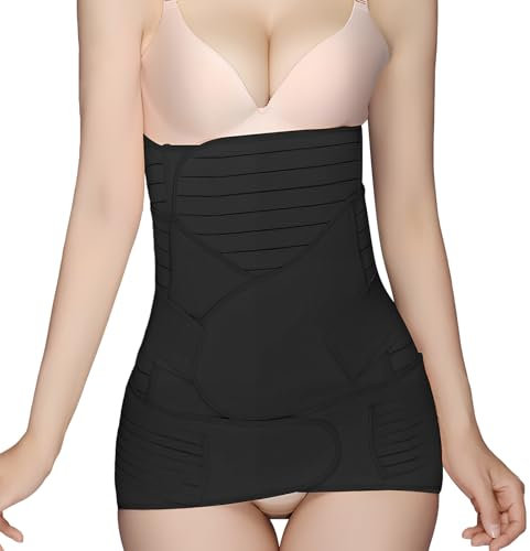3 in 1 Bauchgurt Nach Geburt, Rückbildungsgürtel M L XL mit Beckengürtel, Atmungsaktive, Bauchband Bauchgürtel Damen, Bandage Nach Schwangerschaft, Bauchstützgürtel Frauen, Schwarz Beige (Schwarz, M)