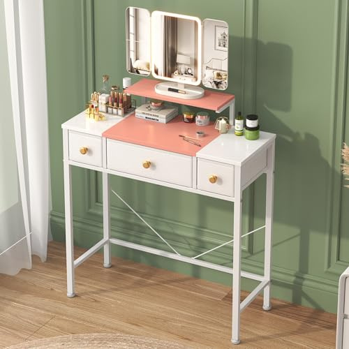 Toeletta Trucco con Specchio e Luci, Piccolo Scrivania Postazione Trucco con 3 Cassetti in Tessuto, Tavolo Trucco Make up Vanity, Consolle Trucco, Regolazione dell'altezza, 30 x 70cm, Bianco&Rosa