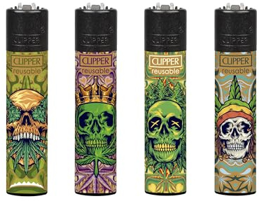 Clipper - Mix de 4 Mecheros Reusables Pure Weed Skulls | Encendedores en Tamaño Grande | Reutilizables con Nuestros Kits | Pure Weed Skulls