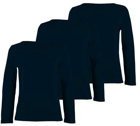 janisramone® Förpackning med 3 barn-t-shirts, unisex, enkla flickor och pojkar, långärmad t-shirt, ledig rund hals, stretchiga och bekväma pojkar flickor skoltröjor, Marinblått Xsp, 7-8 Years