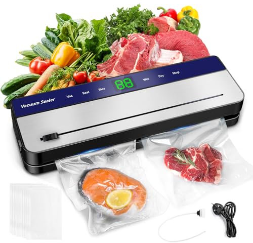 7 in 1 Vacuum Sealer Machine, 65 Kpa 30mm Longer Seal Food Sealer with 50Pcs Vacuum Sealer Bags for Vac/Seal/Rice/Wet Dry Mode, Built-in Cutter and Visible LED Digital Countdown Display