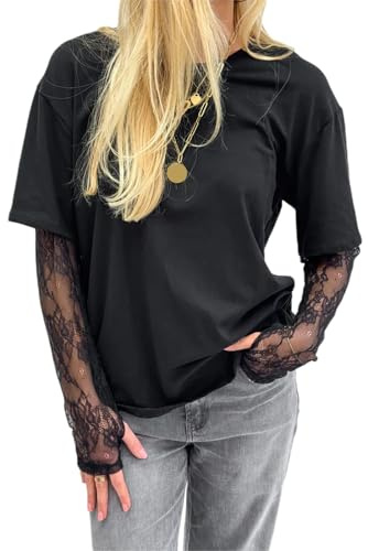 FeMereina Blusa de manga larga con encaje de malla transparente para mujer, con agujeros para el pulgar, bloque de color, manga larga, ajuste holgado, para salir, Y2K, Negro, L