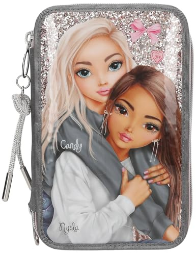 Depesche 13315 TOPModel My BFF - Estuche de 3 Compartimentos en Gris y Rosa, con Motivo de Modelo y Purpurina, Estuche con lápices de Colores, Tijeras, Regla y Mucho más.