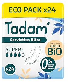 TADAM’ - Serviettes Hygiéniques Dermo-Sensitives - Protections Hygiéniques Femme Ultra Fines avec Ailettes - Flux Super - Extra Absorbantes - A base de Coton Bio - Confort Jour et Nuit - Ecopack
