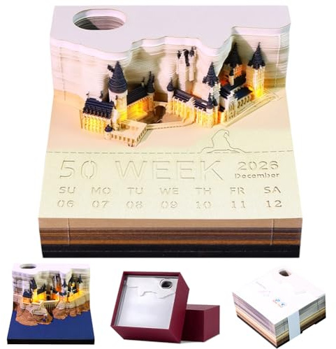 Calendario 3D strappabile 2026, blocco note 3D Magic Castle, blocco note da tavolo creativo, blo-cco memo da scrivania con portapenne, calendario settimanale scultura di carta(castello con luce)
