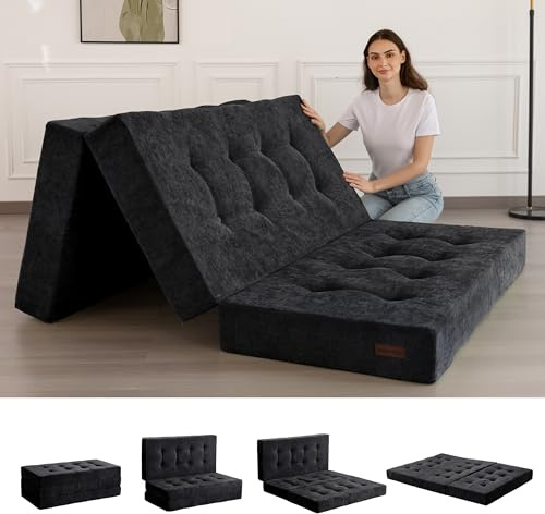 MAXYOYO Fällbar madrass i king size, 15 cm, bekväm vikbar madrass med chenille-tyg, 3-delad gästmadrass för gästsäng, golvmadrass vikbar för vardagsrum/camping