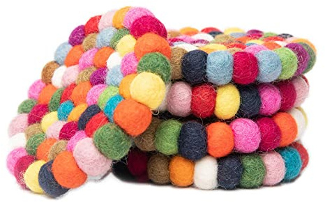 Round Felt Ball Coasters - 100% Merino Wool Table Coasters - Felt Coaster Pads, Absorbent Trivet for Drinks - Heat Resistant, Thick & Durable Hand Felted - Woolygon - Multicolor Set of 5 (Rainbow)