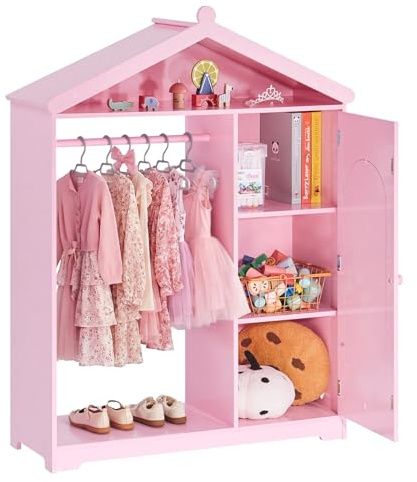 VEVOR Armadio per Bambini con Specchio per Cameretta, Guardaroba per Bambini Colore Rosa, Appendiabiti Organizer per Costumi Giochi di Ruolo da Divertimento, per Giochi Travestimenti Camera da Letto