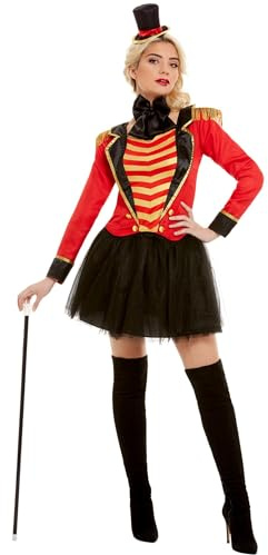Smiffys Deluxe Ringmaster Lady Costume, Red with Jacket, Mock Shirt, Skirt & Headband, Circus Fancy Dress, Adult Dress Up Costumes