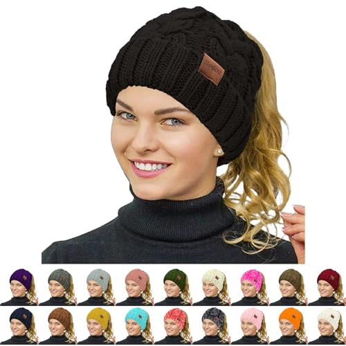 Rosoz Ponytail Beanie for Women,Winter Warm Beanie Tail Soft Stretch Cable Knit Messy High Bun Hat